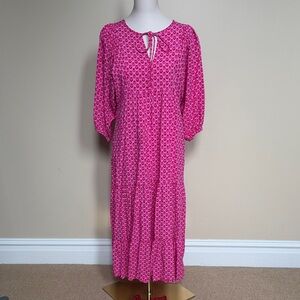 Pink Floral Midi Dress Viscose Boho Cottagecore 3/4 Sleeve Tie Neck M